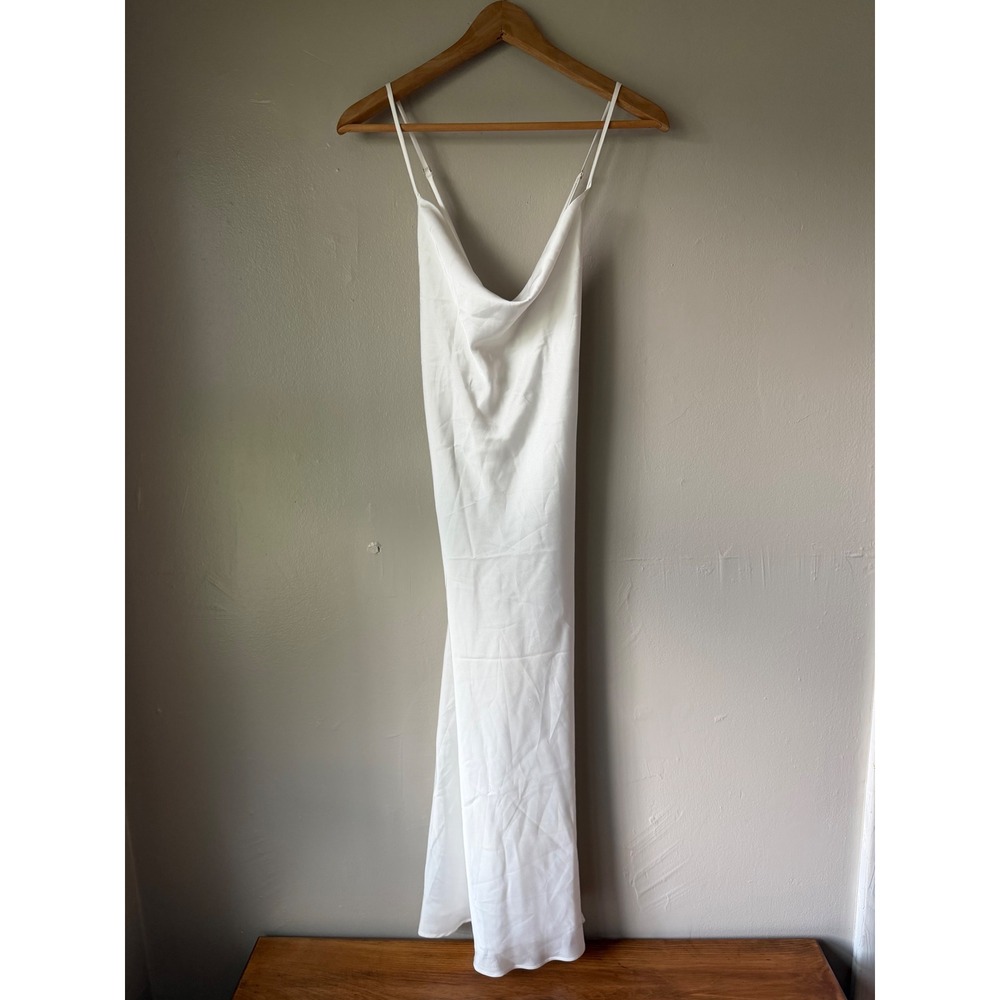 Show Me Your Mumu White Satin Cowl Neck Midi Slip Dress Crisscross Back Small